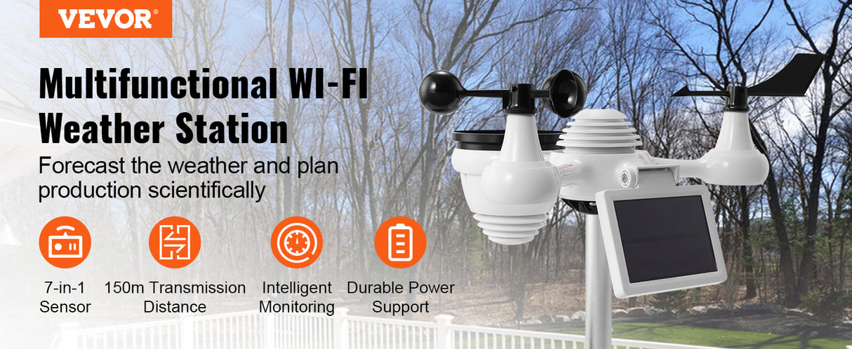 VEVOR 7-in-1 Wi-Fi Weather Station with Solar Wireless Outdoor Sensor Alarm Alerts for Temperature Humidity And 7.5 in Color Display