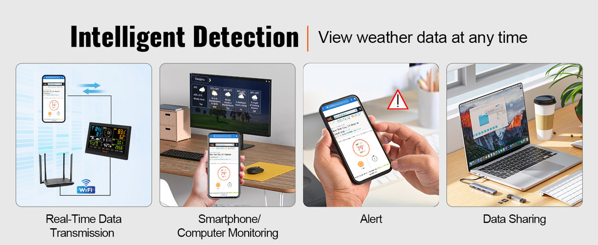 VEVOR 7-in-1 Wi-Fi Weather Station with Solar Wireless Outdoor Sensor Alarm Alerts for Temperature Humidity And 7.5 in Color Display