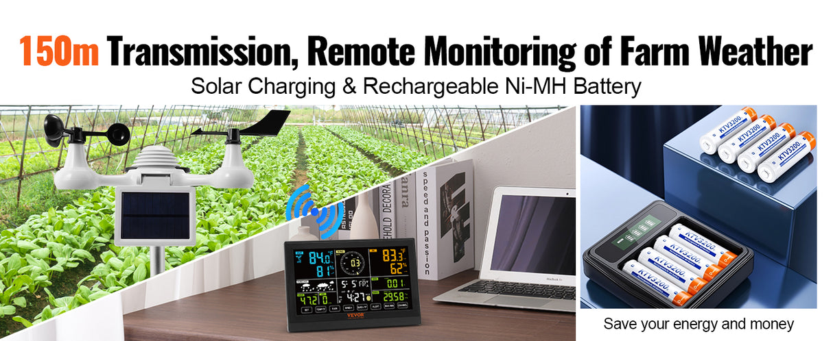 VEVOR 7-in-1 Wi-Fi Weather Station with Solar Wireless Outdoor Sensor Alarm Alerts for Temperature Humidity And 7.5 in Color Display