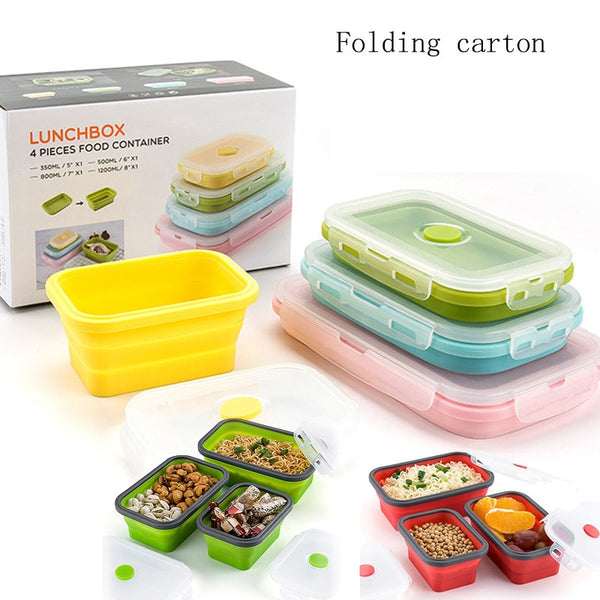 4Sizes/multicolor Silicone rectangle Collapsible Lunch Box or Food Storage Container.  Microwave safe