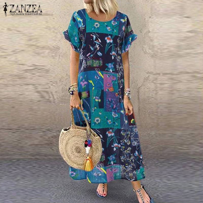 Women's ZANZEA Summer Bohemian Long, Short Sleeve Floral Print Sundress.