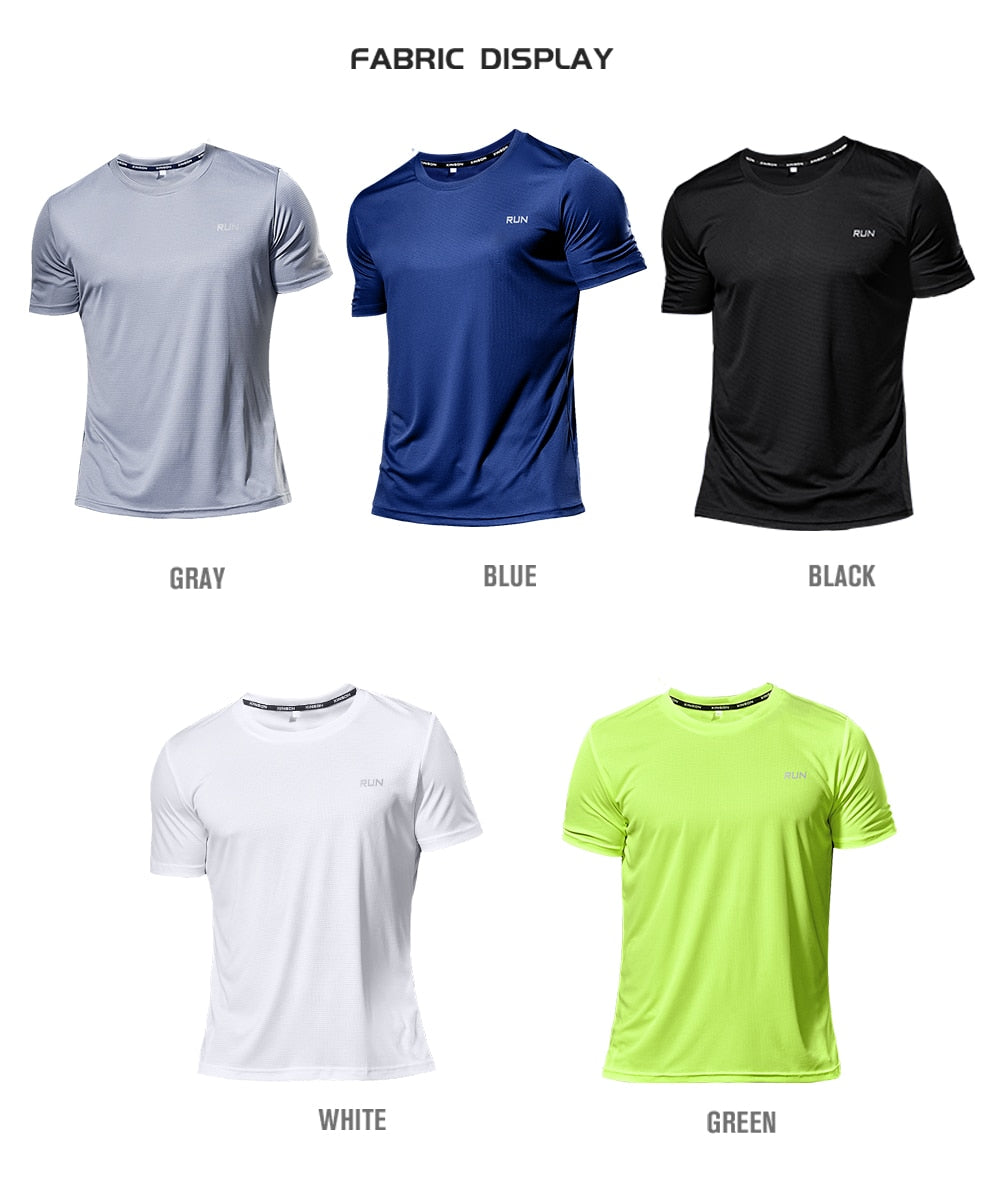 Men's multicolor short sleeve gym shirts. Quick drying, breathable sportswear