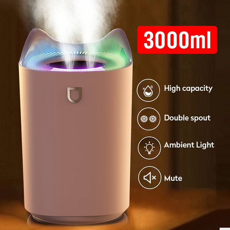 Multi color LED aromatherapy diffuser. Double nozzle for essential oil aroma. Can also be used as a regular humidifier.