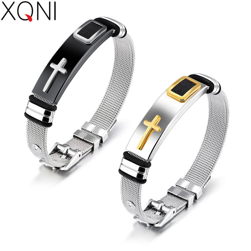 XQNI Stainless Steel Cross Bangle With Mesh Strap.