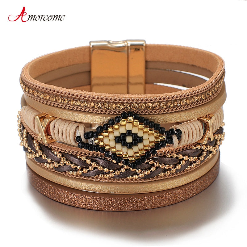 Amorcome Miyuki Leather Wide band Bracelets.