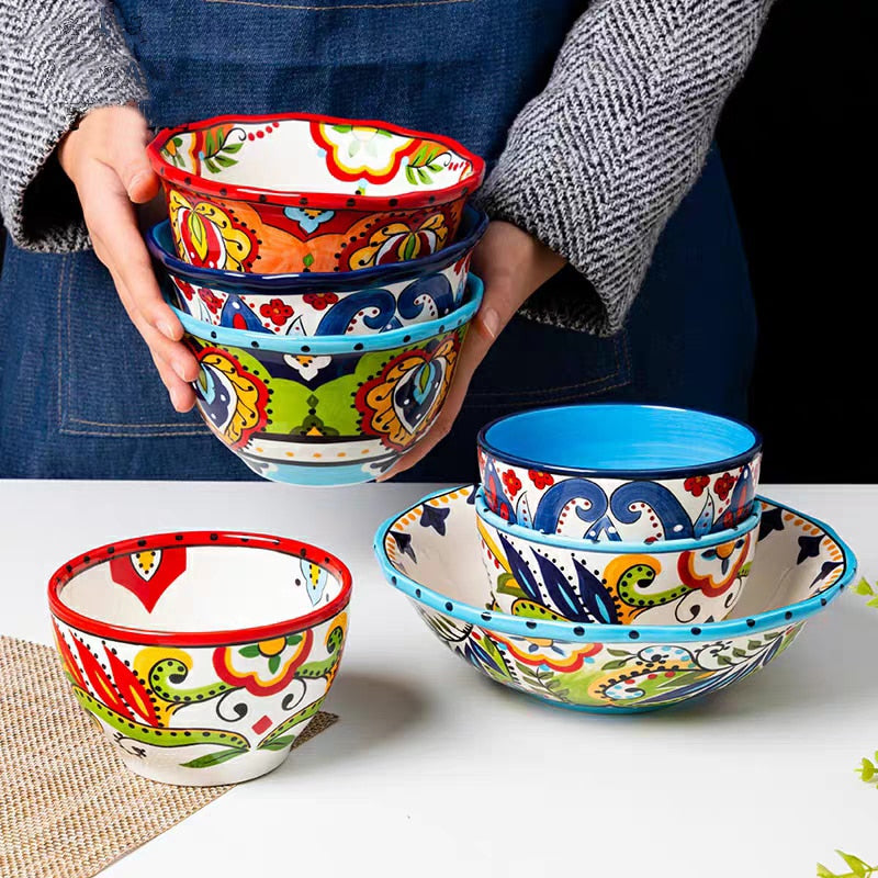 Bohemian Hand-Painted Ceramic bowls great for breakfast cereal, Salad, and soup.