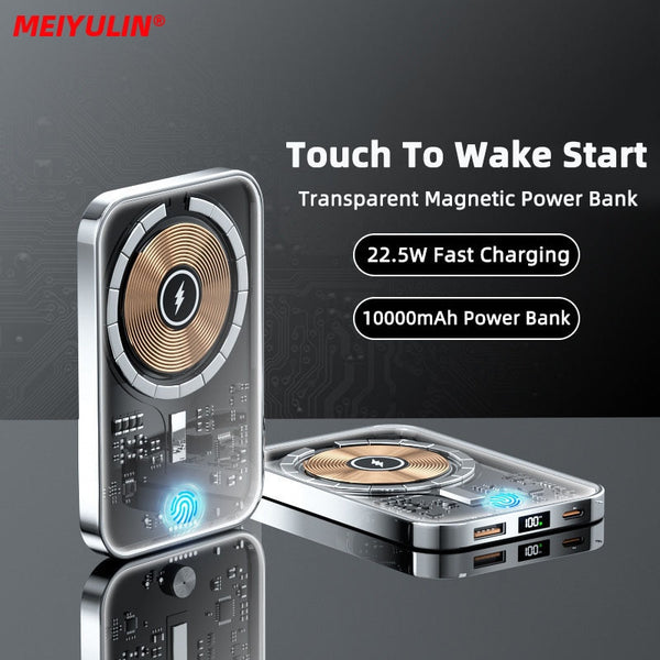 10000mAh Transparent Magnetic Wireless Power Bank Portable External Auxiliary Battery 22.5W Fast Charger for iPhone 14 13 Xiaomi