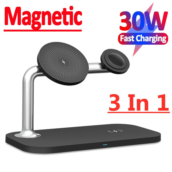 30W 3 in 1 Magnetic Wireless Charger Stand For iPhone 13 12 Pro Max Apple Watch Macsafe  Fast Charging for Airpods iWatch 7 6