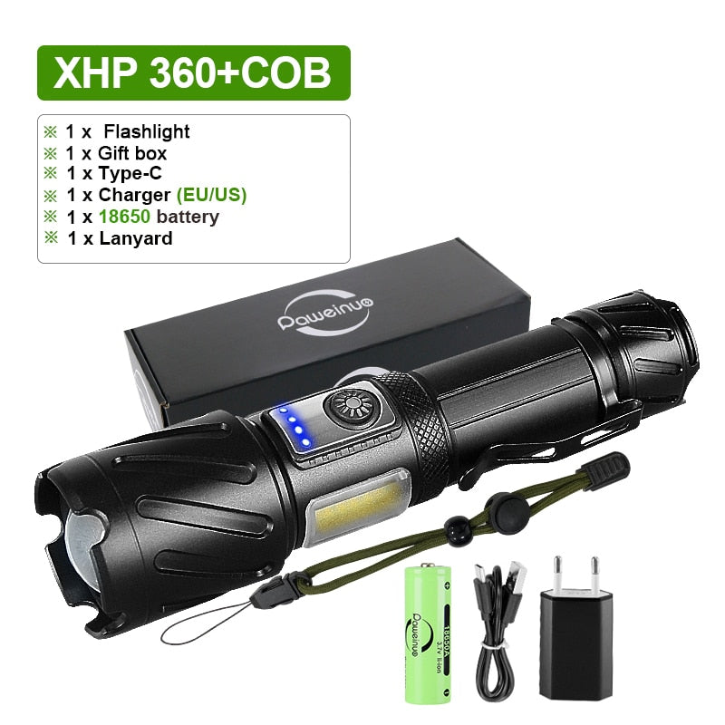 8000000LM XHP360 Powerful Flashlight High Power Tactical Flashlight Rechargeable Torch Light