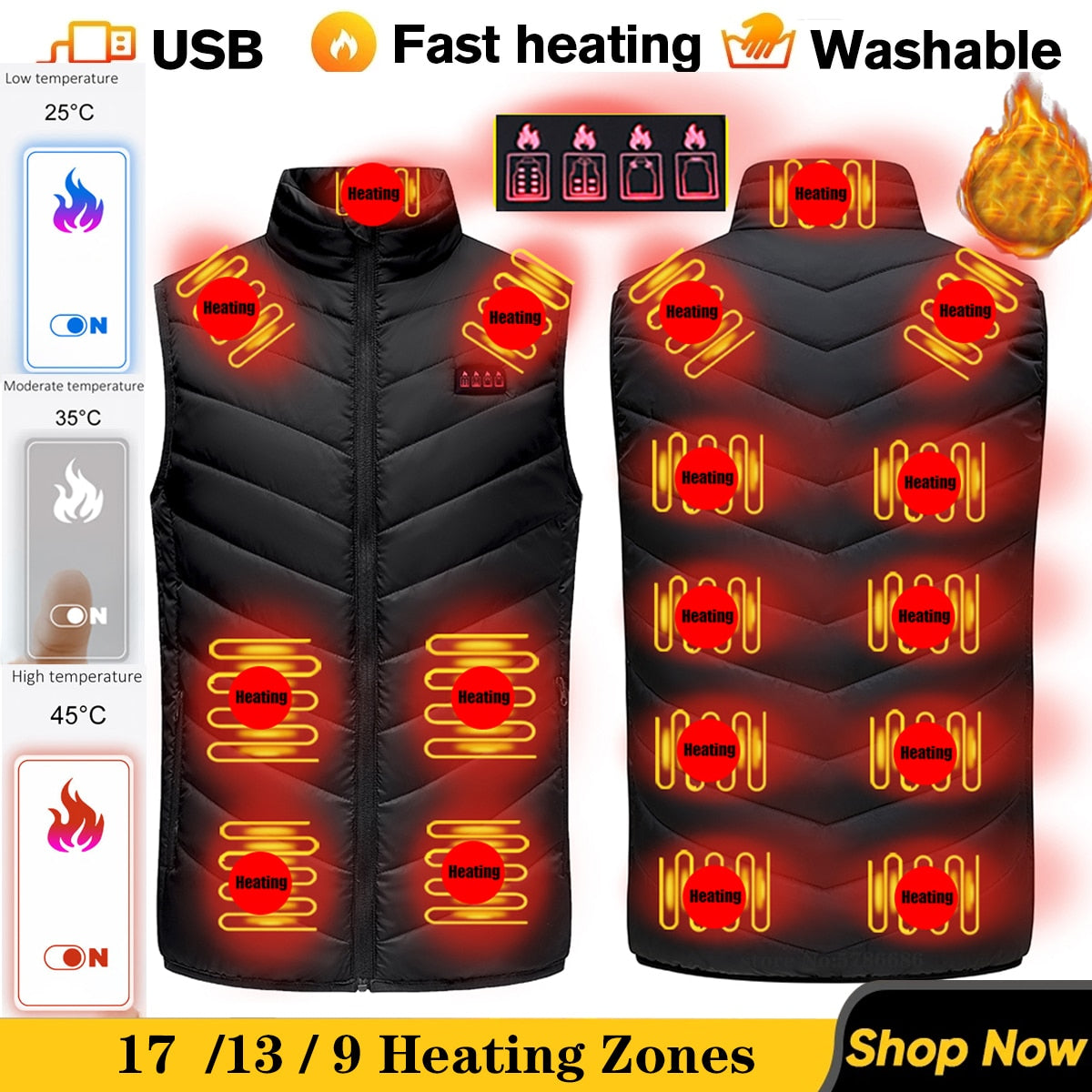 Men's and Women's USB Heated Thermal Vest. Sizes S to 6XL and Up to 17 Heating Zones.