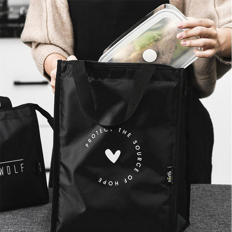 PURDORED 1 Pc black pattern thermal lunch bag