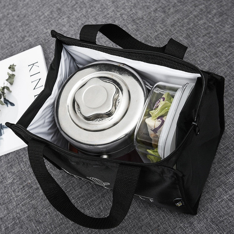 PURDORED 1 Pc black pattern thermal lunch bag