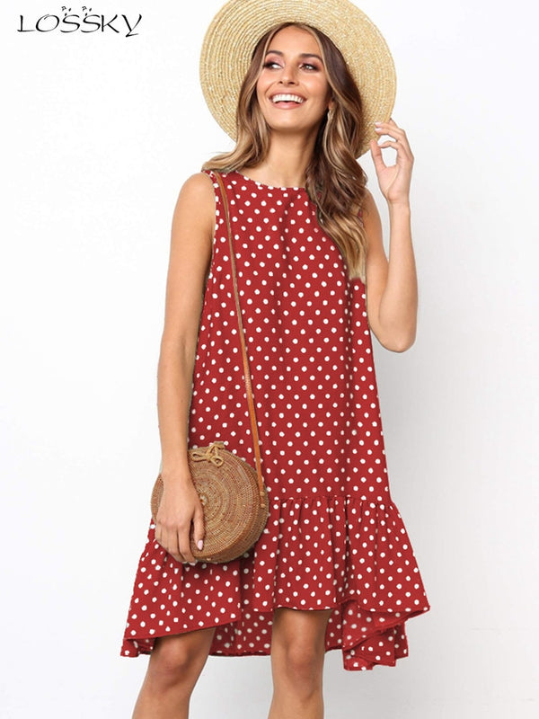 Lossky Women's Polka Dot Chiffon Sleeveless Beach Min Summer Dress.