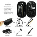 Classic Black Medical Health Monitor Storage Case Kit and Stethoscope Otoscope Tuning Fork Reflex Hammer LED Penlight Torch Tool