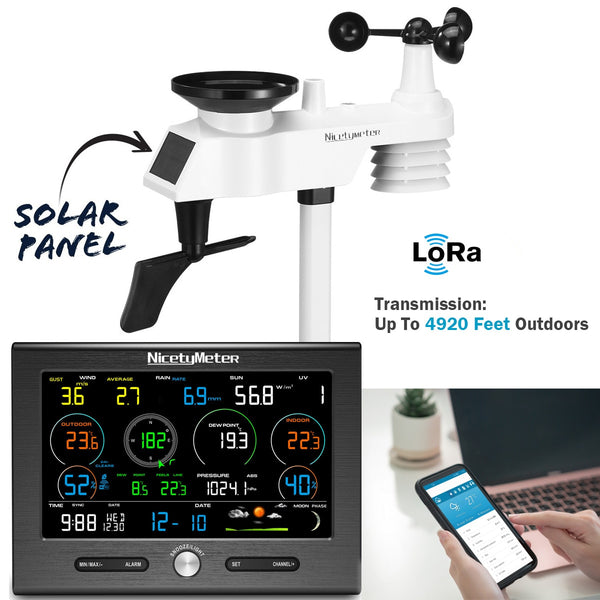 7-in-1 LoRa Weather Monitoring Station For Humidity, Wind Speed with Solar Indoor Outdoor Remote.