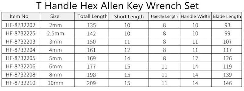 T Handle Hex Allen Key Wrench Set