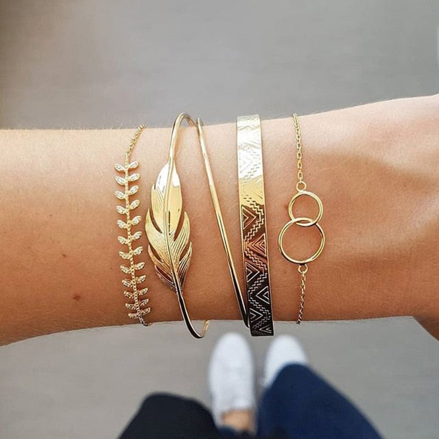 5Pcs/set Bohemian Gold color Moon/ Leaf Bracelet