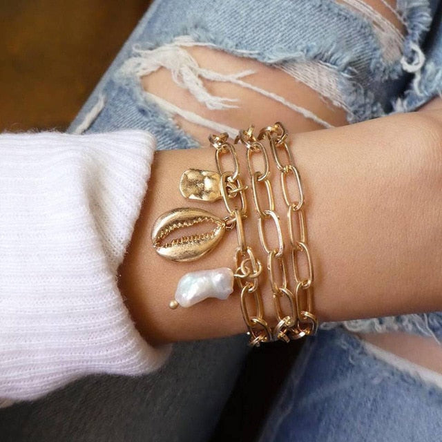 5Pcs/set Bohemian Gold color Moon/ Leaf Bracelet