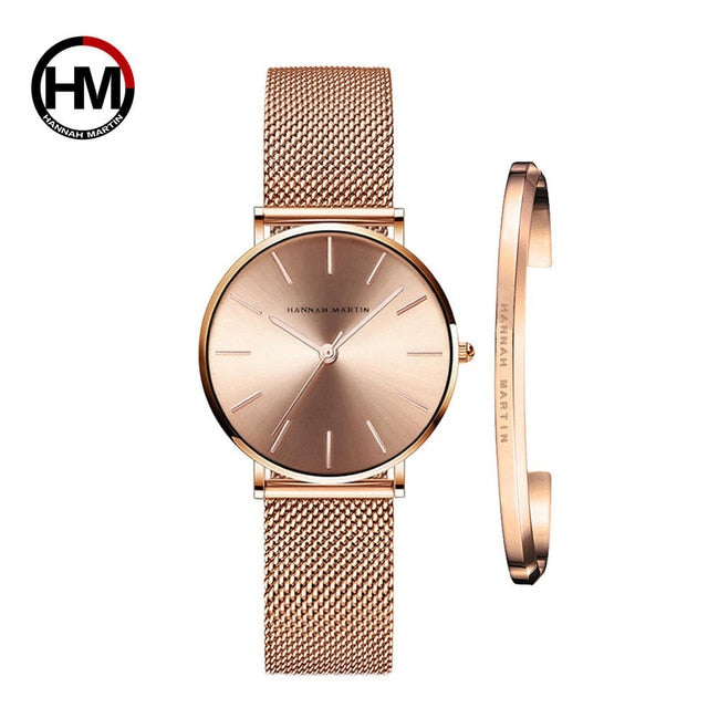 Women Watch 1 set Bracelet - Simple Waterproof Rose Gold Stainless Watch