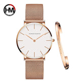 Women Watch 1 set Bracelet - Simple Waterproof Rose Gold Stainless Watch