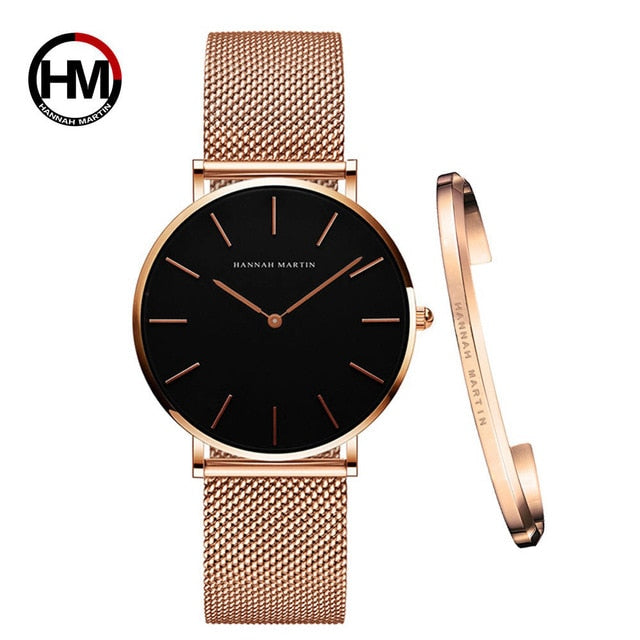 Women Watch 1 set Bracelet - Simple Waterproof Rose Gold Stainless Watch