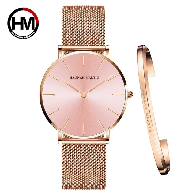 Women Watch 1 set Bracelet - Simple Waterproof Rose Gold Stainless Watch