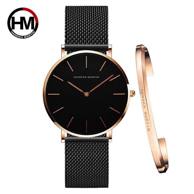 Women Watch 1 set Bracelet - Simple Waterproof Rose Gold Stainless Watch