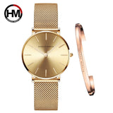 Women Watch 1 set Bracelet - Simple Waterproof Rose Gold Stainless Watch