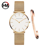 Women Watch 1 set Bracelet - Simple Waterproof Rose Gold Stainless Watch