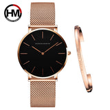 Women Watch 1 set Bracelet - Simple Waterproof Rose Gold Stainless Watch