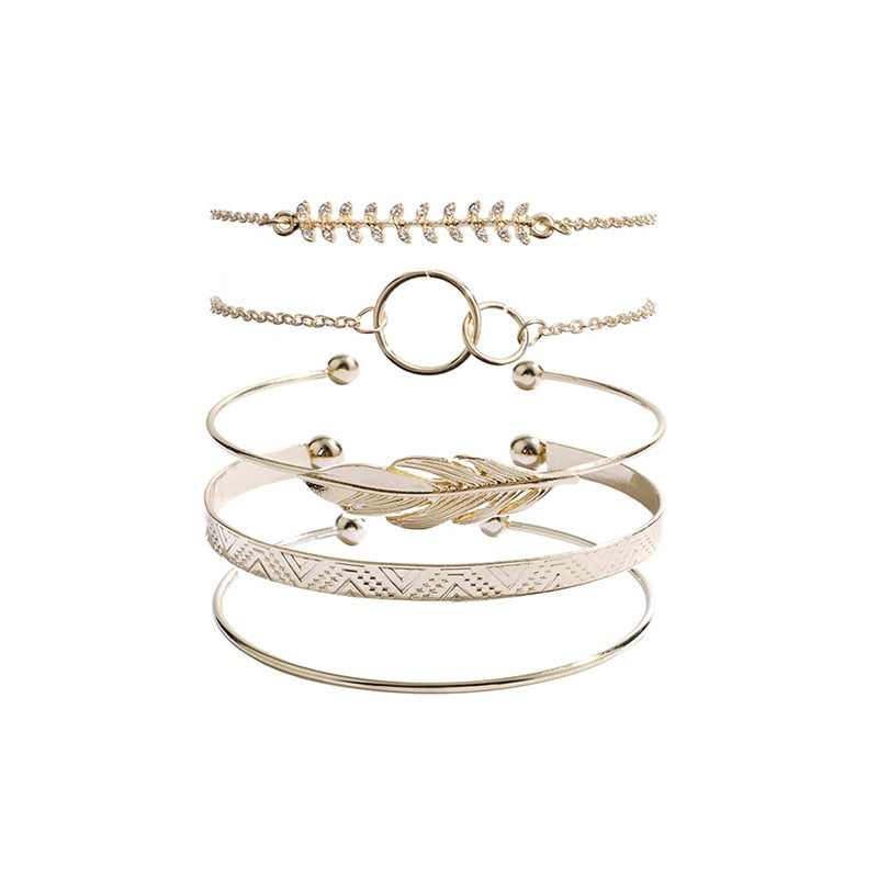 5Pcs/set Bohemian Gold color Moon/ Leaf Bracelet